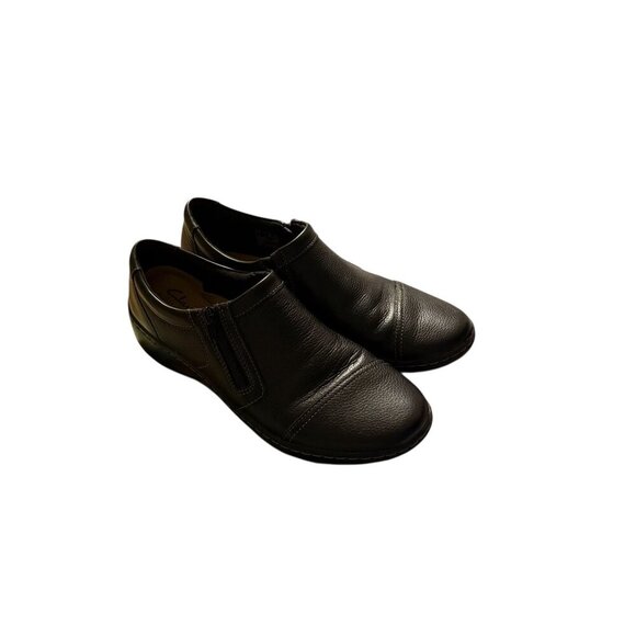 Clarks Shoes - Clarks Womens Black Leather Cora Giny Loafers Slip on Shoes Zipper size 8